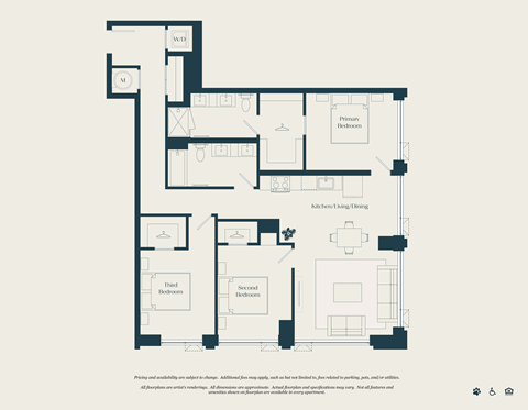 Floor plan for 3 beds, 2 baths, 1261 sqft